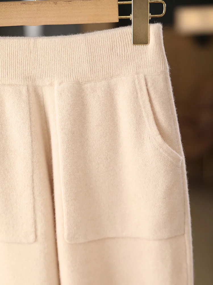 New Classy Autumn Winter Soft Thick Warm Wool Women Pencil Pants Woman 100% Merino Wool Trousers Elastic Waist Knited Wool Pants