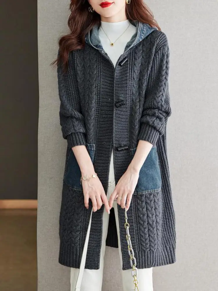 

Осень-зима, лоскутный джинсовый свитер с капюшоном и длинными рукавами, корейский винтажный женский однобортный кардиган, вязаное пальто, уличная одежда