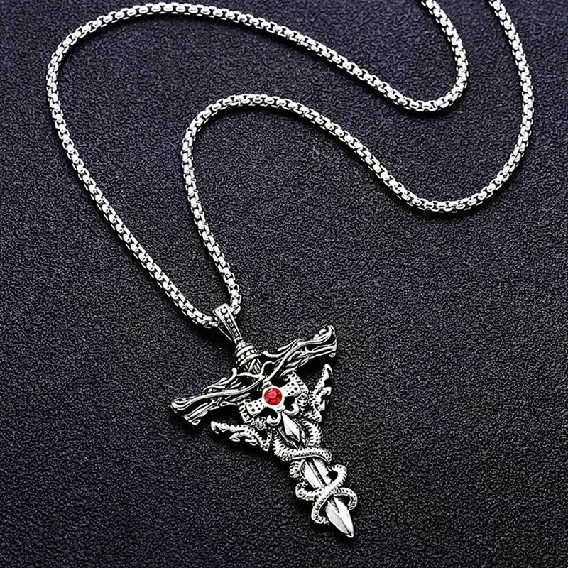 Men's Titanium Steel Necklace Pendant Double Dragon Sword Design Fashion Retro Punk Cross Lucky Fortune Accessory Jewelry Gift