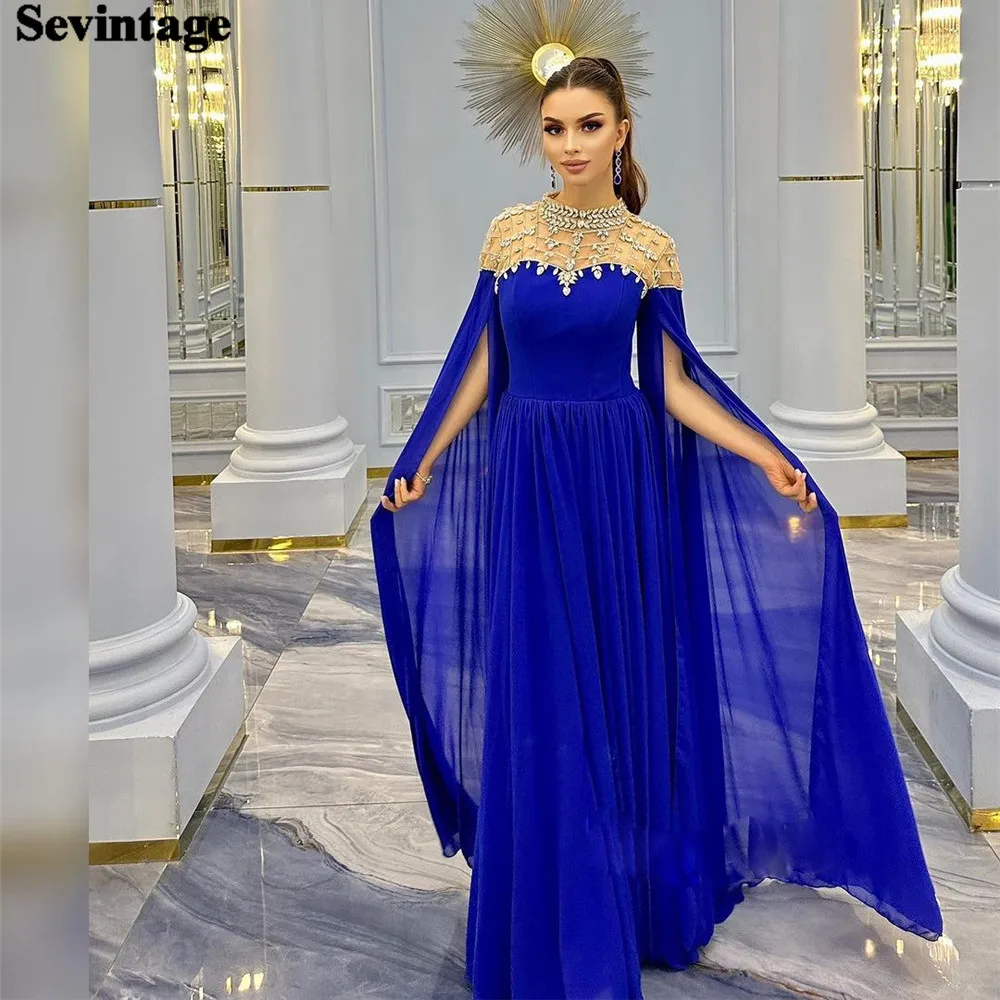 

Sevintage A Line Royal Blue Chiffon Formal Prom Gowns Women O-Neck Long Cap Sleeves Evening Party Dresses Sequineds Event Dress