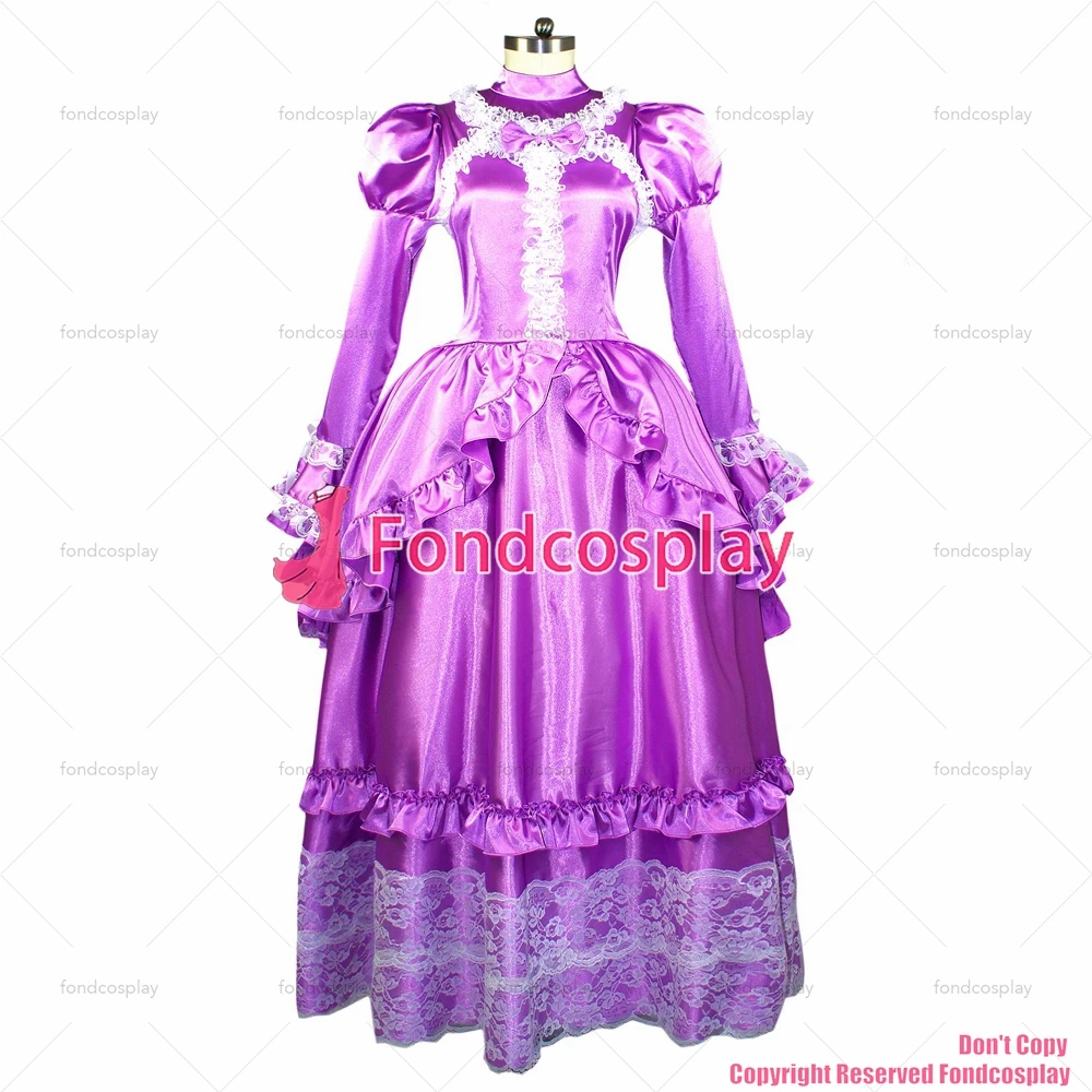 fondcosplay adult sexy cross dressing sissy maid long Purple satin dress lockable Uniform CD/TV[G1065]