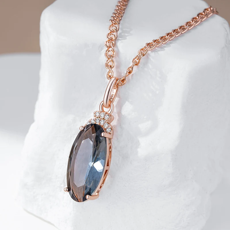 Kinel Hot Grey Big Oval Pendant Necklace For Women Trend 585 Rose Gold Color With Natural Zircon High Quality Daily Fine Jewelry
