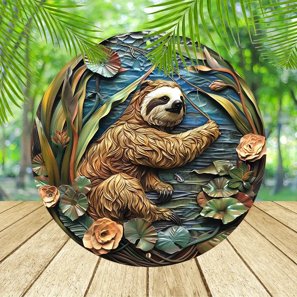 Sloth Fishing Metal Sign 8x8 inch - Aluminum Embossed Round Painting for Garden, Bedroom, Garage Art Decor