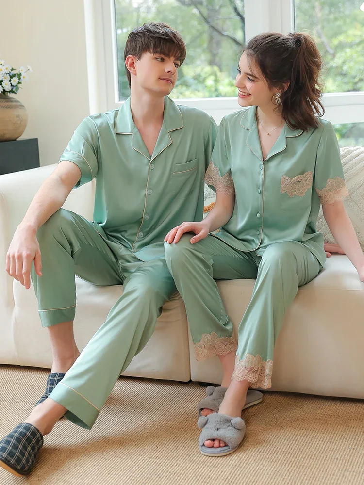 New  Couple's Pajamas Men's Short sleeved Home Clothes  Silk Thin Premium Set