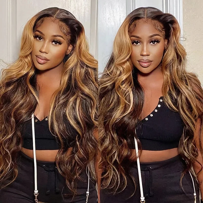 Highlight 13x6 Lace Frontal Body Wave 4/27 Ombre Brazilian Remy Human Hair Wigs 30 32 inches 13x4 Lace Front Wig For Women Sale