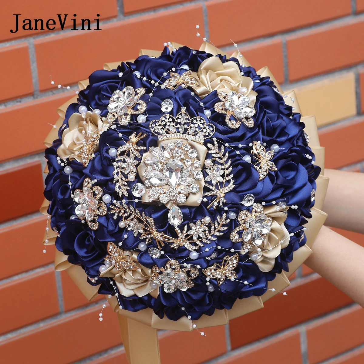 

Роскошный свадебный букет JaneVini темно-синего цвета, свадебная корона, букет с кристаллами, стразами и жемчугом, атласные цветы для невесты, аксессуары для свадьбы