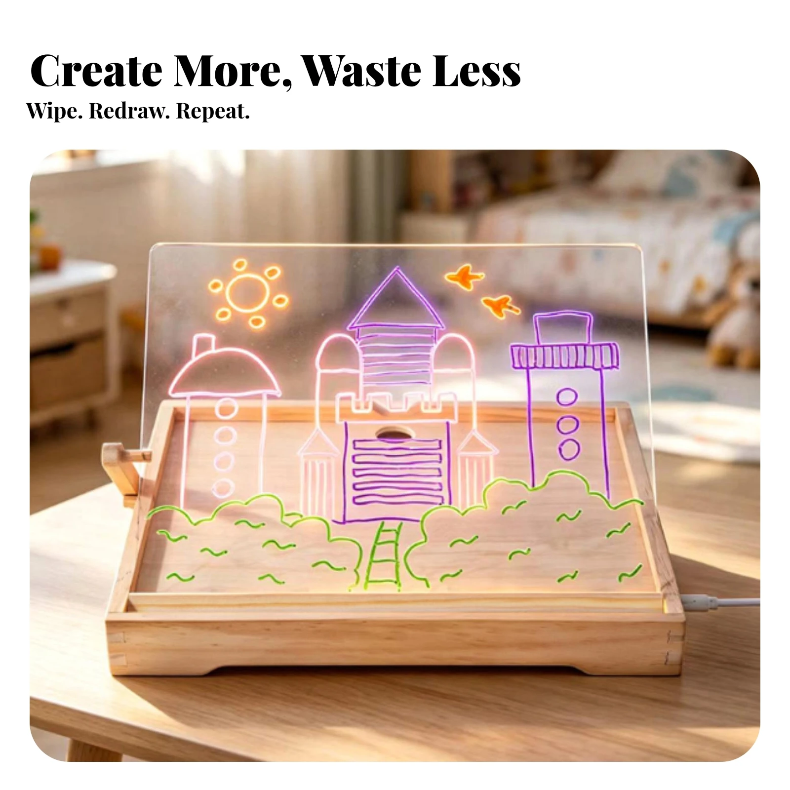 Light-up Drawing Board Wooden Drawing Board with Acrylic Panel Toy Scratch-Resistant Neon for Children, Playrooms, Bedrooms