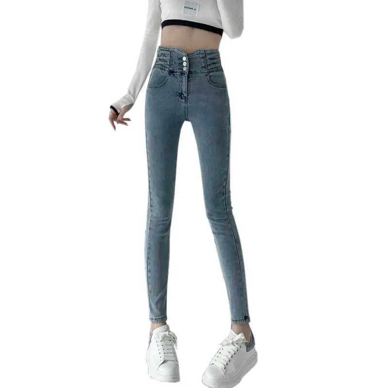 جينز أزرق فاتح للنساء، سروال جينز مطاطي عالي الخصر، بنطلون ضيق، أزرار جينز ضيق