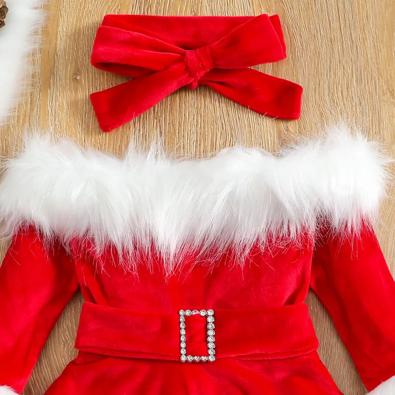 Christmas Dress Kid Baby Girl Clothes Faux Fur Patchwork Long Sleeve Off Shoulder A-Line Dress with Belt Bow Headband