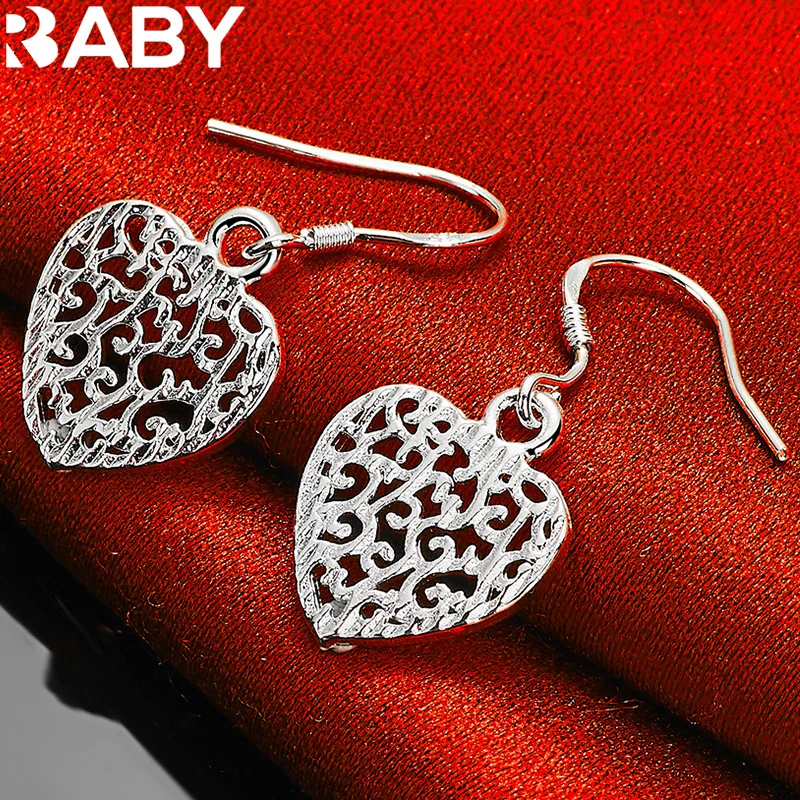 

URBABY 925 Sterling Silver Carving Heart Drop Earrings For Women Wedding Engagement Party Jewelry Lady Fashion Accessories