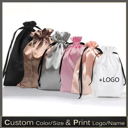 Satin Hair Extensions Bags with Ribbon Drawstring Luxury Goods Silk Packaging Pouches Makeup Case Shoes Cloth Wigs Storage Print