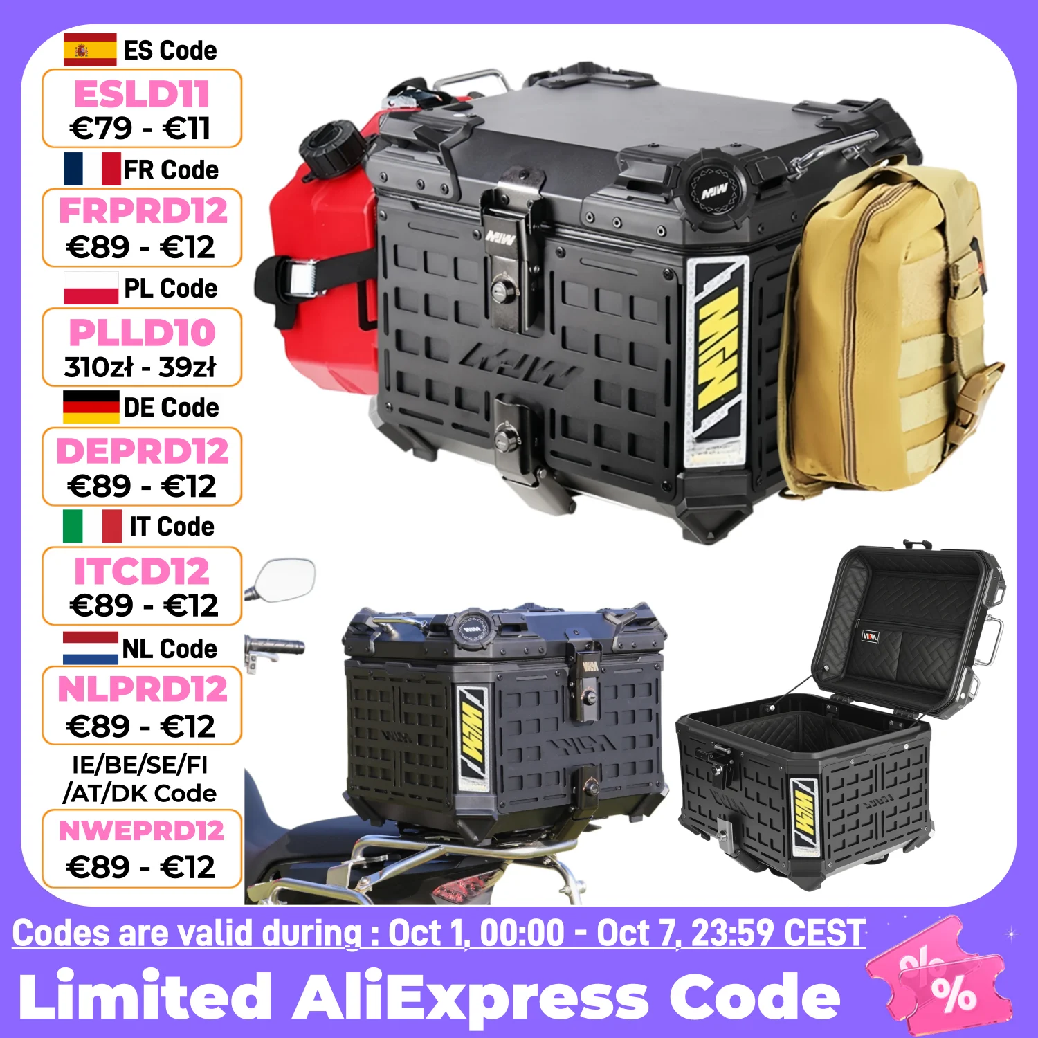 Bauletto Moto Rinforzato 65L, 55L, 45L, Impermeabile in Alluminio, Baule Posteriore con Chiusura Rapida, Portacasco, Porta Attrezzi