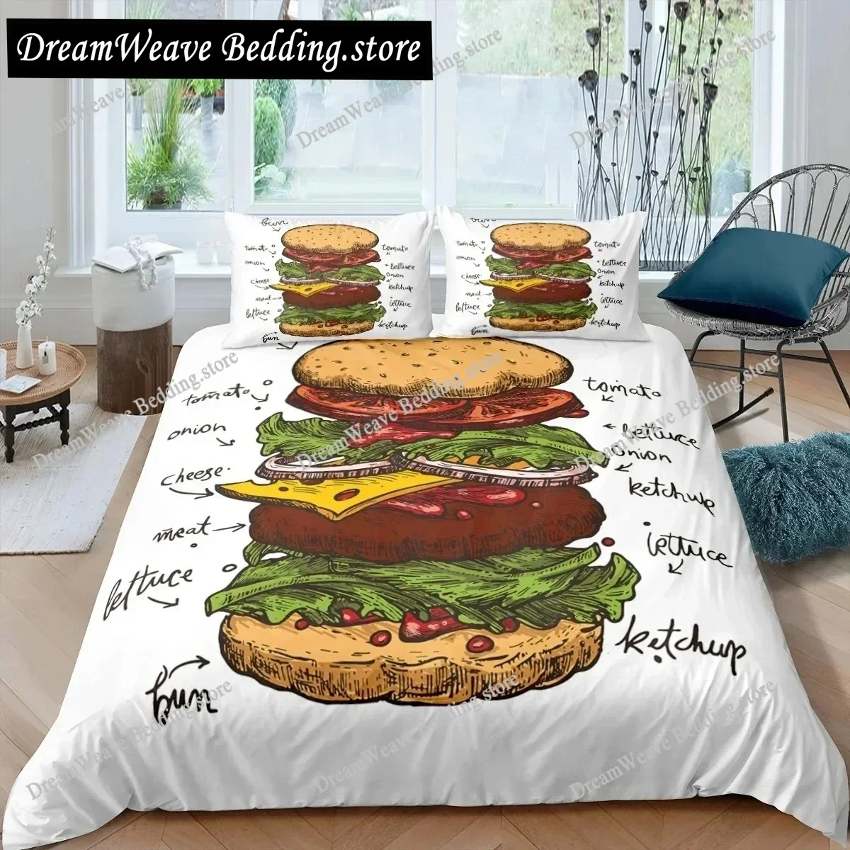 3D American Fast Food Duvet Cover Set Full Size Pizza Hotdog Comforter Cover Hamburger Bedding Set French Fries Quilt Cover