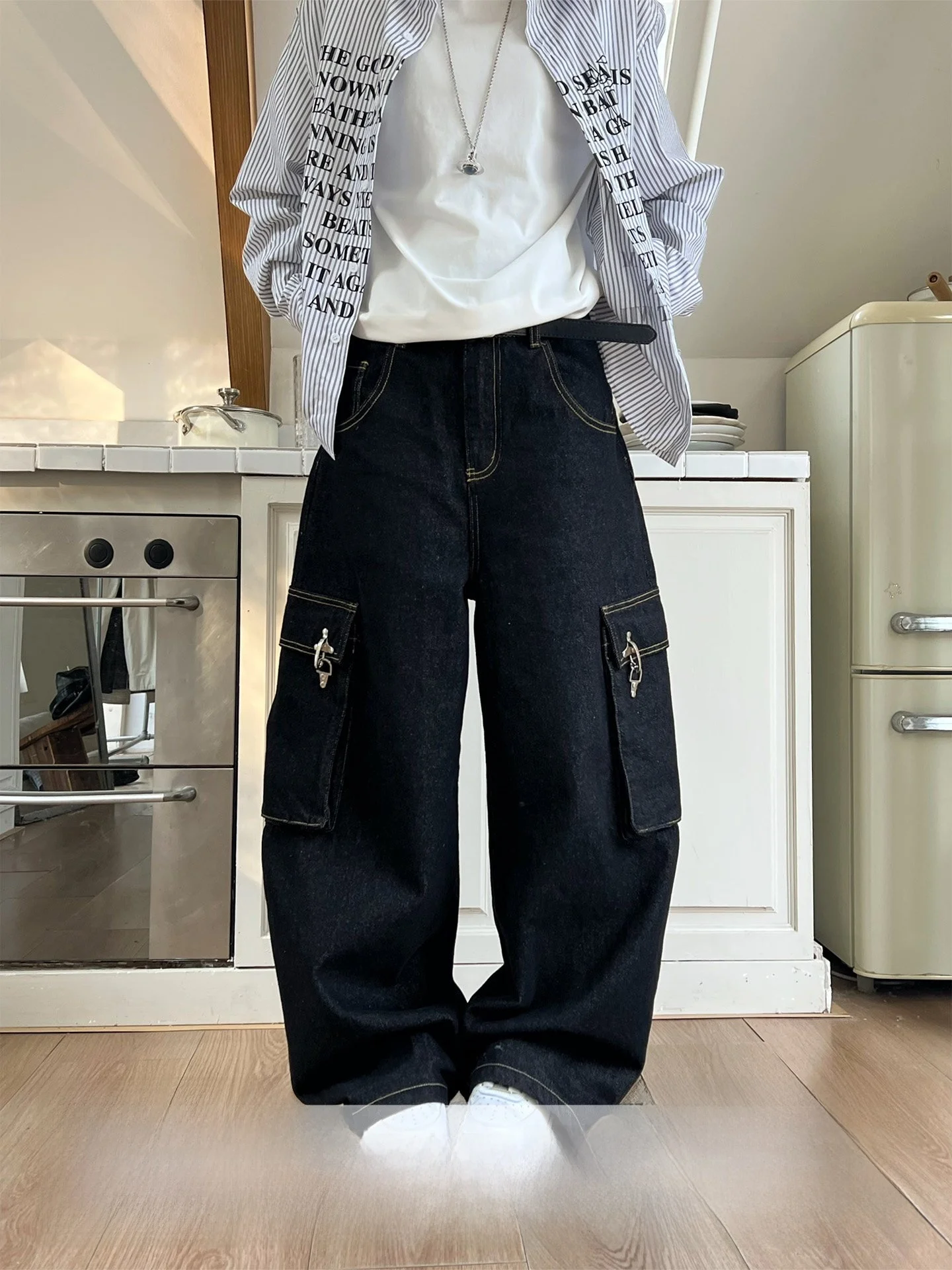 

Loose Wide Leg Jeans Knife Pocket American Style Loose Fit Neutral High Waist Denim Pants Spring Season Women's Premium Feel