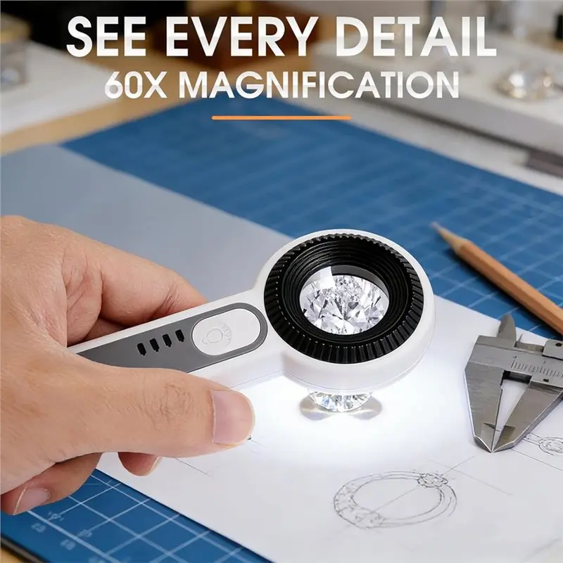 A68P-60X Handheld Magnifier With UV & LED Lights, 30Mm Optical Lens Jewelers Loupe, S For Gemstones, Watches, Coins, PCB