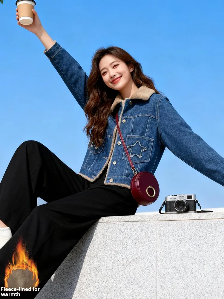 Faionable Afslanken ort Denim Jaet vrouwen Herfst Winter Nieuwe Sle Fce Thiened Kleine Fraance Sle Bontkraag Top