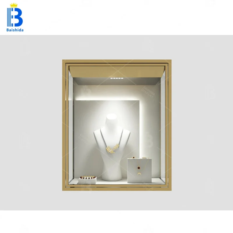 custom.Custom Gold Stainless Steel LED-Lit Waterproof Durable Portable Easy Clean Retail Display Cabinet Jewelry Elegant Showcas