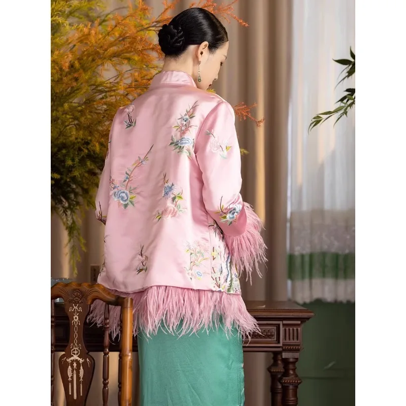 Luxury Luna New Year Chinese Fur Decor Retro TangSuit Pink Jackets Padded Coat