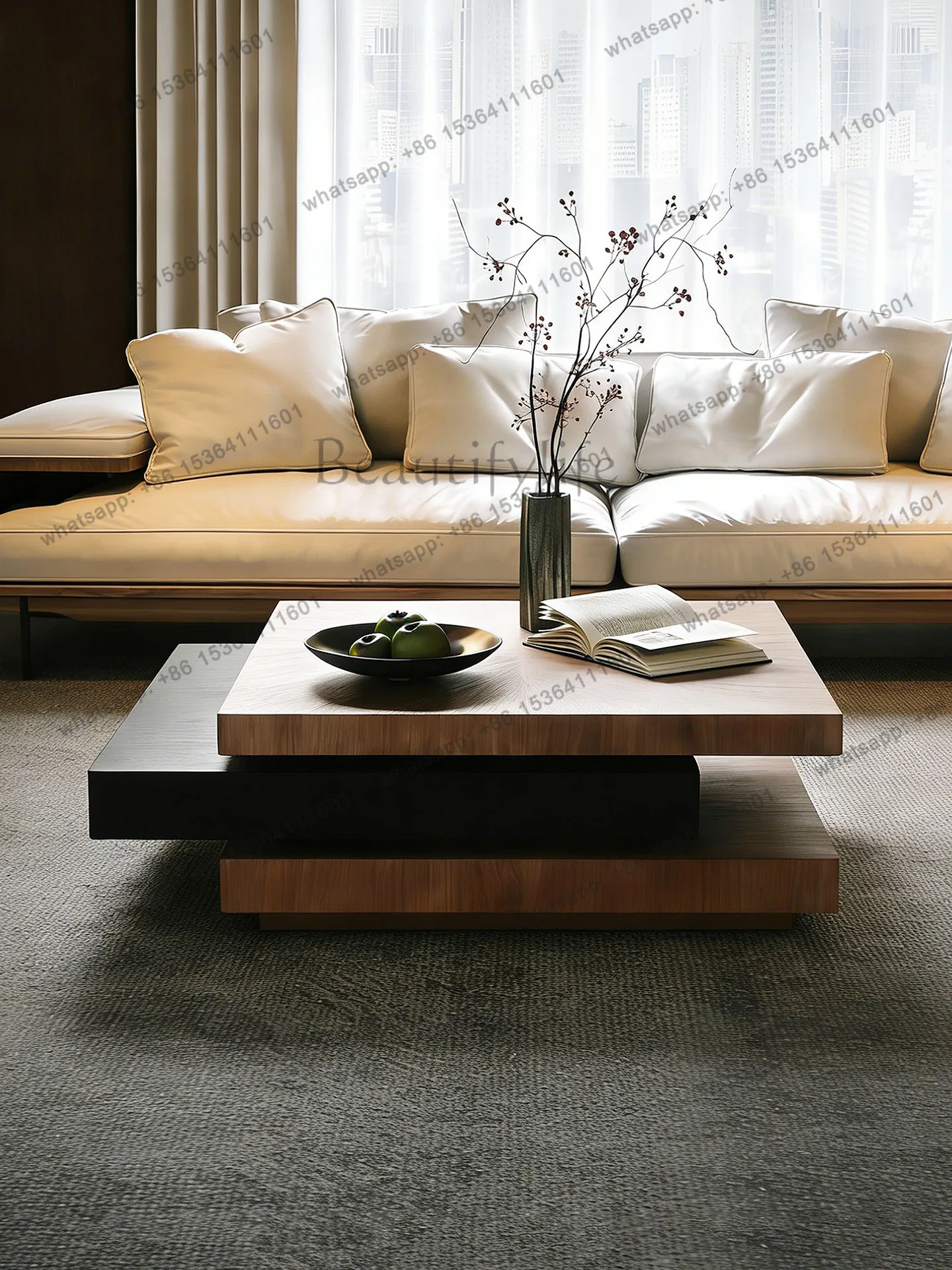 Zj.wabi sand wind rotating coffee table solid wood retro living room home wind square small side table