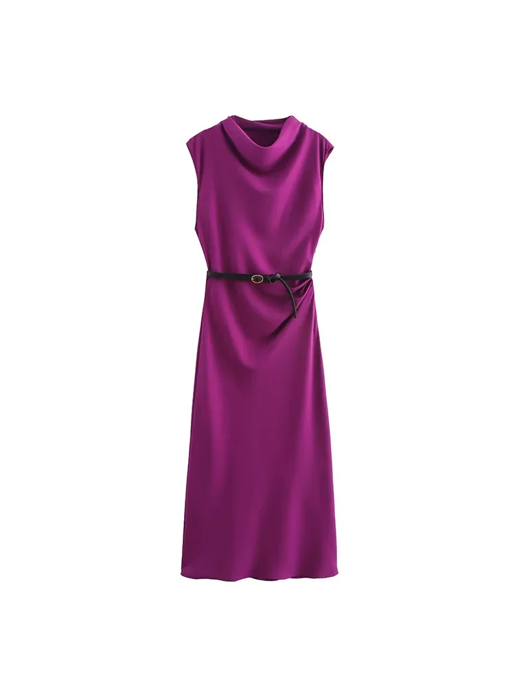 Willshela Women Fashion With Belt Solid Side Zipper Midi Dress Vintage O-Neck Sleeveless Female Chic Lady Dresses