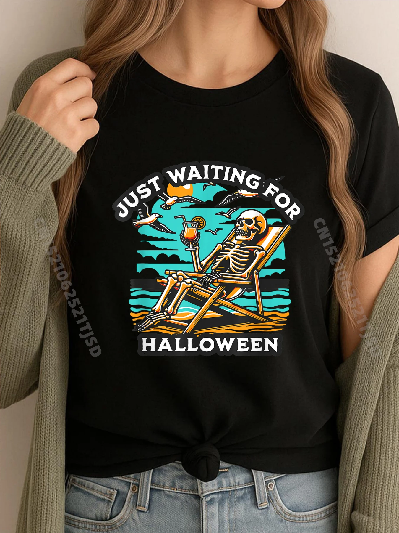 

Just Waiting for Halloween Spooky Skeleton Summer Mens Designer Clothes Funny Gifts T Shirts Easter Sunday