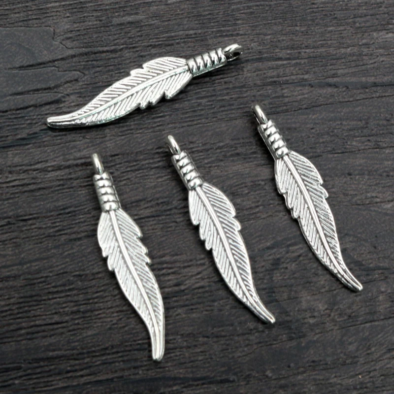 30pcs 31x6.5mm Feather Charms Pendants Bronze Antique Silver Plated KC Gold DIY Jewelry Making Findings for Necklace Bracelet