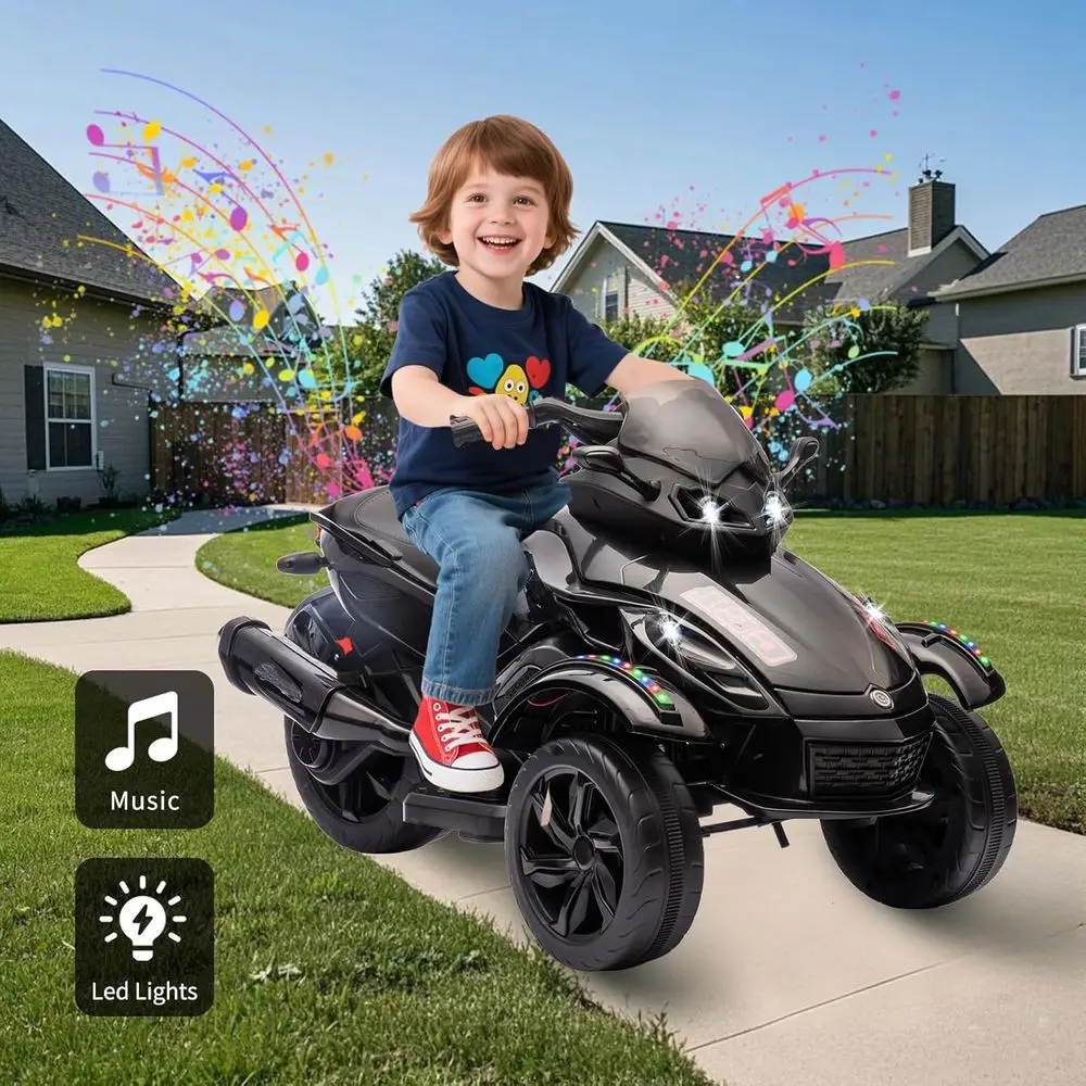 12V Kids Electric ATV, 3-Wheeler Motorcycle Ride on Toys for Toddlers w/Music, LED Lights, USB, One-Button Start, Black
