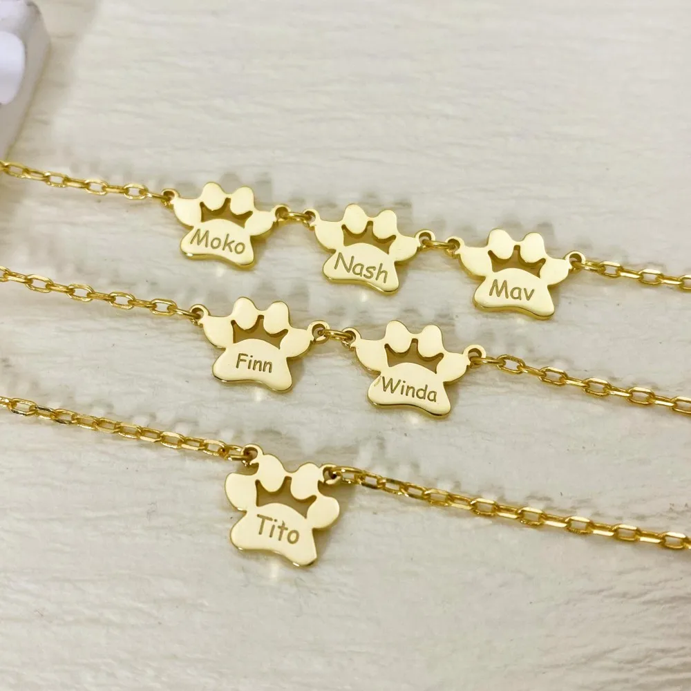 Bracciale con stampa zampa Bracciale personalizzato con nome dell'animale domestico Bracciale delicato in argento sterling placcato oro 18 carati per gioielli da regalo per cani da donna