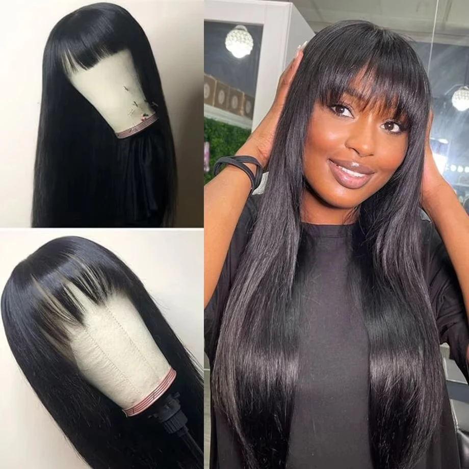 Bone Straight Human Hair Wig With Bangs Fringe Brazilian 3x1 HD Lace Frontal Wigs For Black Women 220% Density 34 Inch image 3