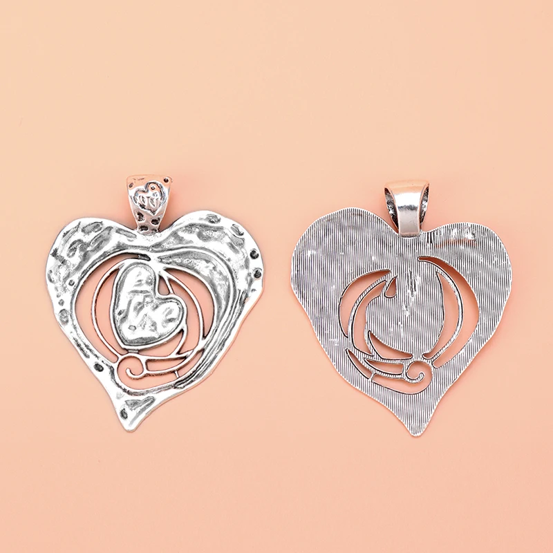 ZXZ 2pcs Tibetan Silver Large Open Hammered Heart Charms Pendants for Personality Necklace Jewelry Making Findings 73x62mm