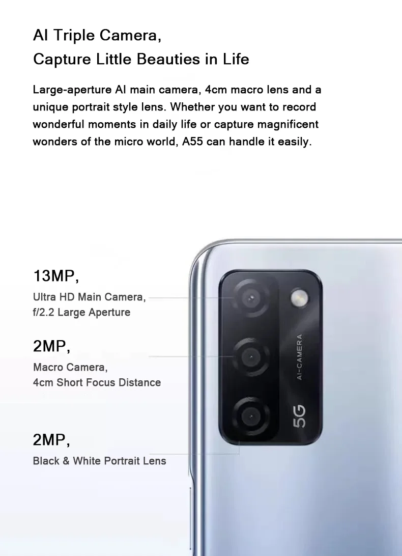 5G LTE OPPO A55 6.52" Display 8+256GB 13MP AI Main Cam 5000mAh Battery 18W Fast Charge New Arrival Dual SIM Unlocked Smartphone