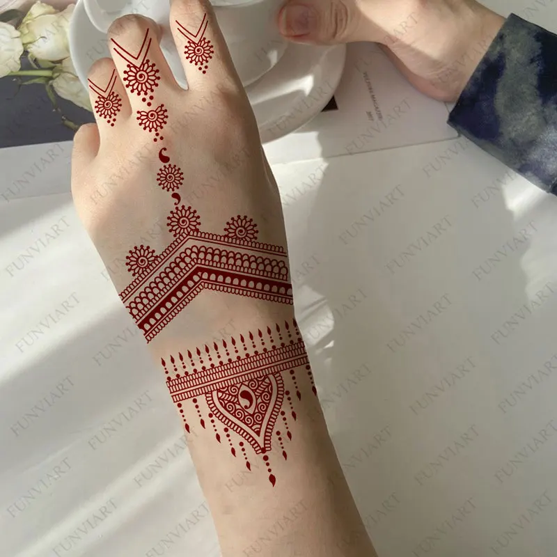 Disposable Flower Fake Tattoo for Women Maroon Henna Tattoo Stickers for Hand Fingers Body Art Waterproof Temporary Tattoos