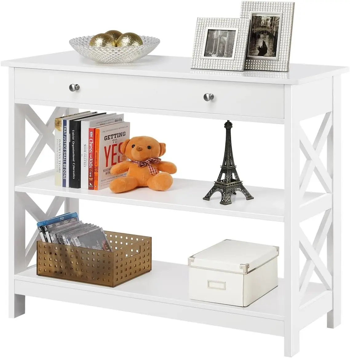 

X-Designed Sofa and Console Tables with & Drawers, 3 Tier Bookshelf Display Rack for Living Room Entryway, White Tea table