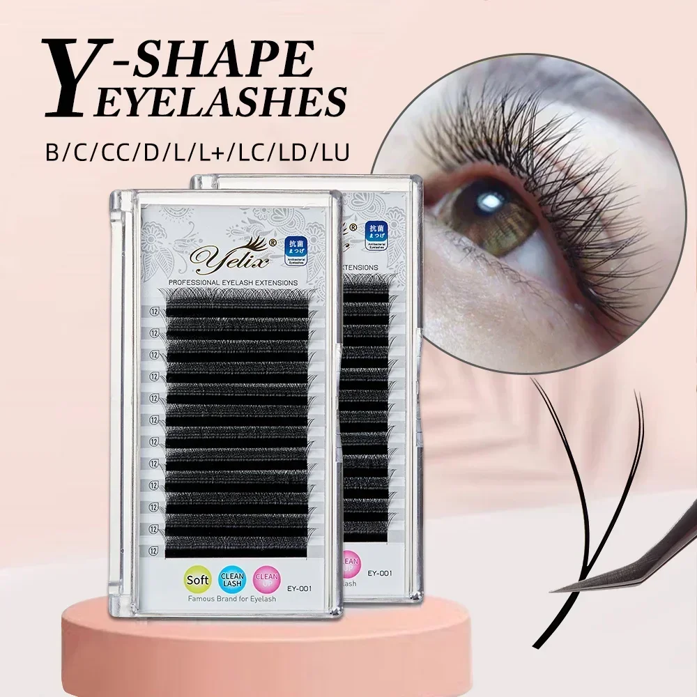 Yelix Y Eyelashes Extension 7-17mm Soft Brazilian Cilia and LU Curl Two Tip Volume Fan Lash Extension Supplies Faux Cils YY lash