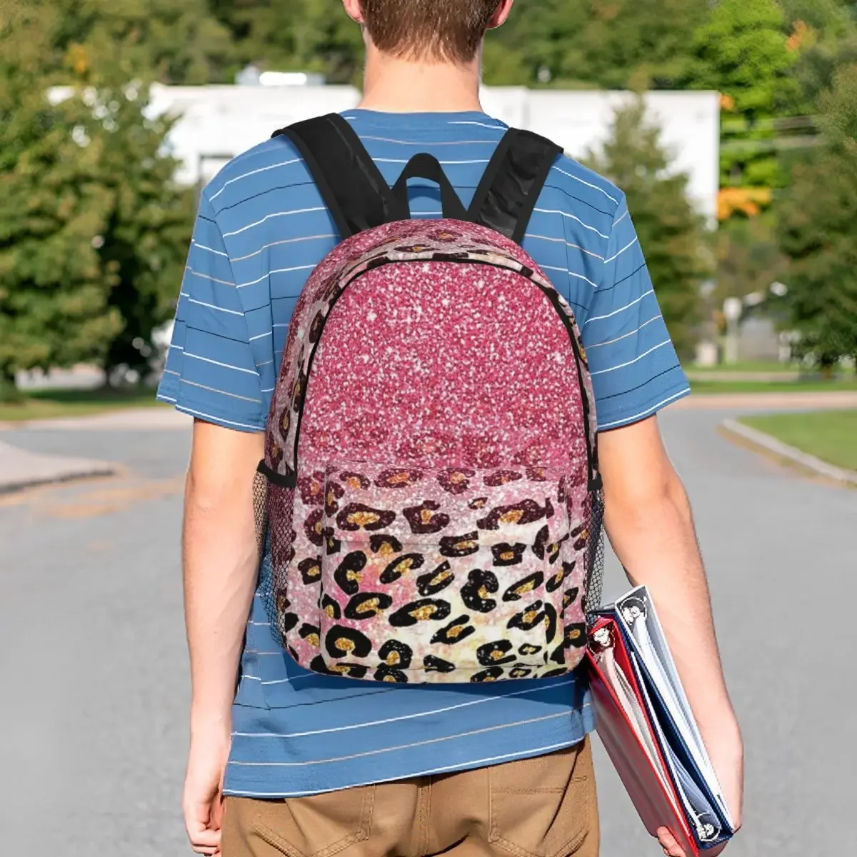 Bubble Gum Pink Faux Glitter Leopard Animal Print Backpacks Teenager Bookbag School Bags Travel Rucksack Shoulder Bag