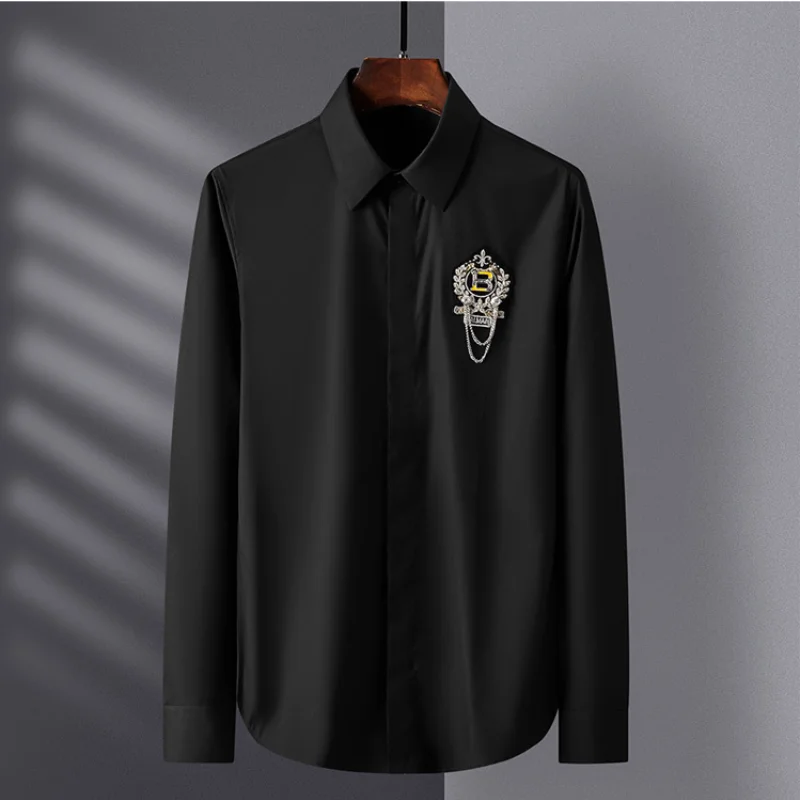 Luxury Handmade Badge Men\'s Shirt Long Sleeve Slim Fit Casual Shirt Male Business Formal Dress Shirts Social Party Tuxedo Blouse