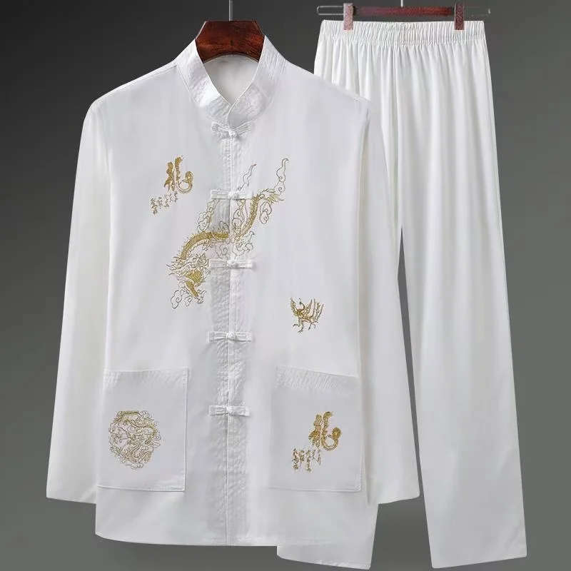 XXXXL комплект костюмов кунг-фу для мужчин и женщин, одежда для тай-чи с вышивкой дракона, винтажный традиционный костюм Тан для пожилых людей среднего возраста