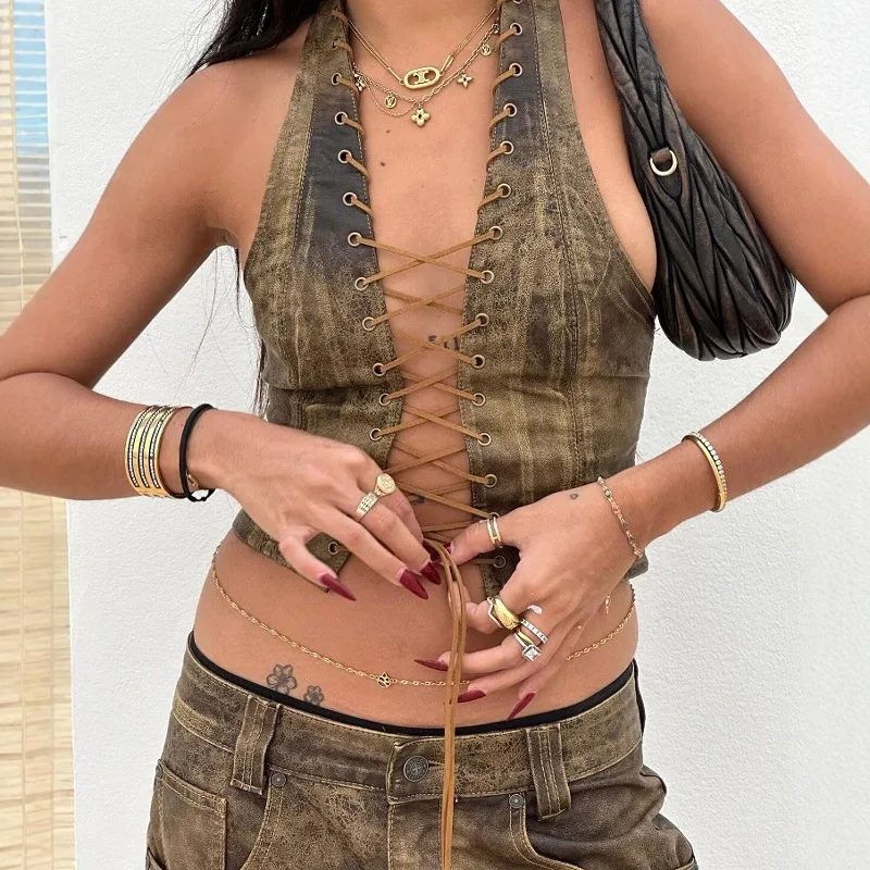 

Jaded London Camisole с полым ремешком на шее, кожаный корсет, сексуальный короткий жилет с открытой спиной