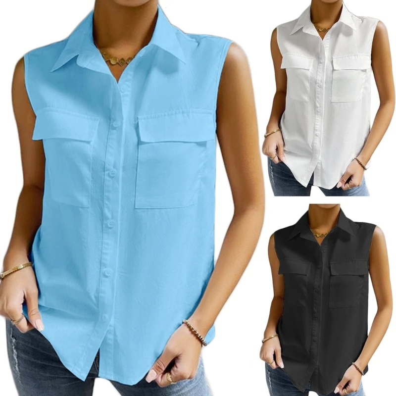 Women Button Down Shirt Tunic Top Sleeveless Blouses Summer Blouses Top Dropship