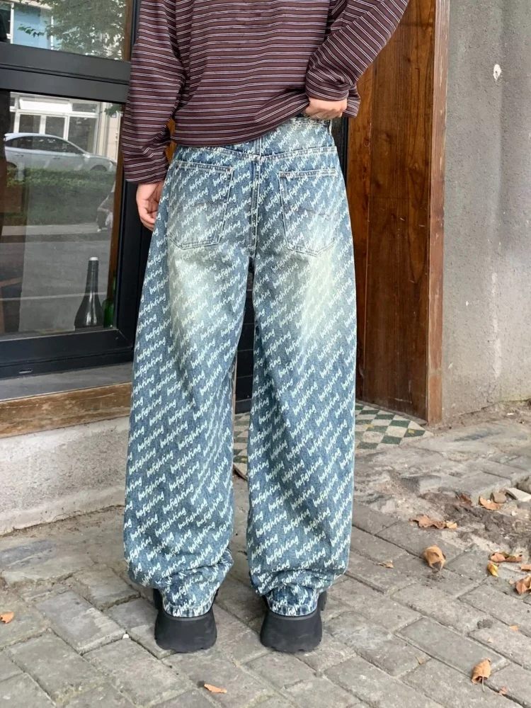 2026 Japanese Y2K Streetwear Full Letter Jacquard Baggy Jeans Pants For Men Clothing Straight Vintage Denim Trousers Moda Hombre