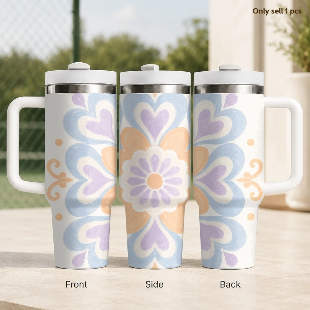 

Ornate Mandala Floral Vacuum Flasks 40oz Stainless Steel Insulated Tumbler With Handle & Straw Leakproof Travel Mug