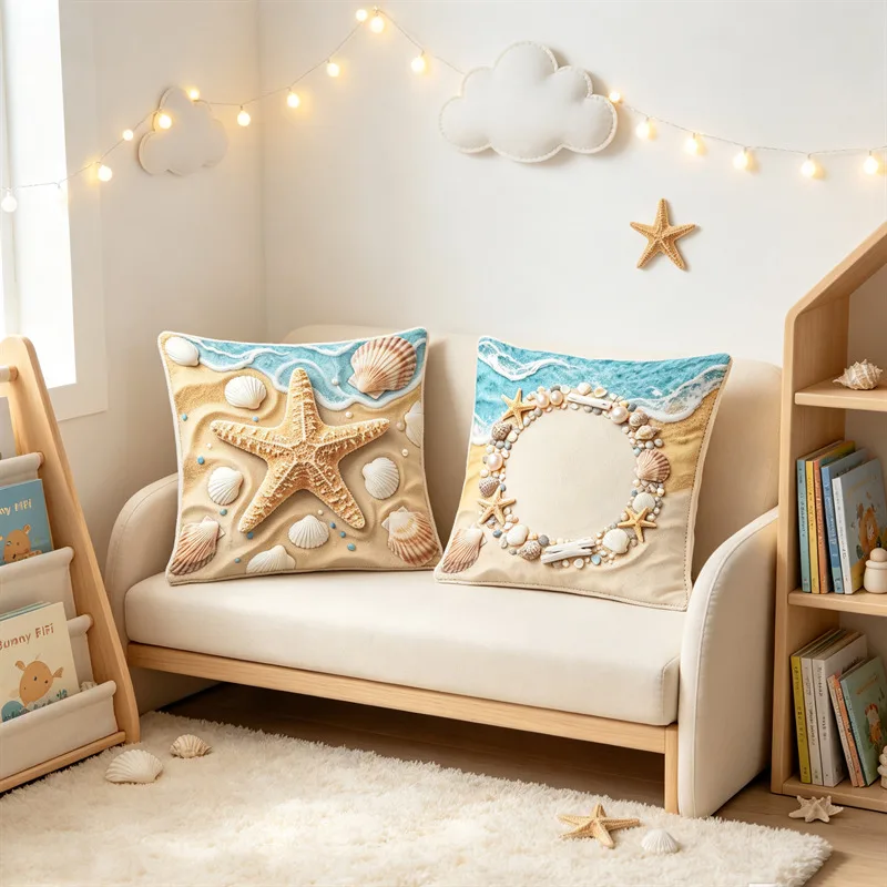 3D Ocean Wave Sandy Beach Starfish Seashell Cushion Cover Mediterranean Throw Pillow Case For Sofa Home Decor Pillowcase 50x50cm