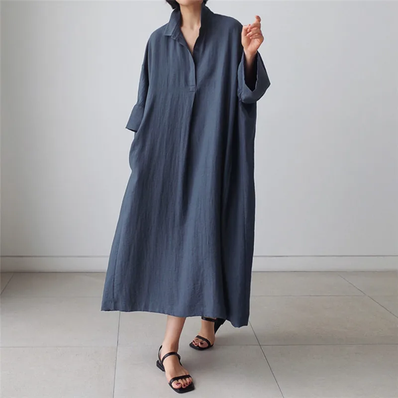 

WTIANYUW2022 Summer Fashion Korean Black Blue Long Batwing Sleeve Turn Down Collar Cotton Linen Black Dresses Women