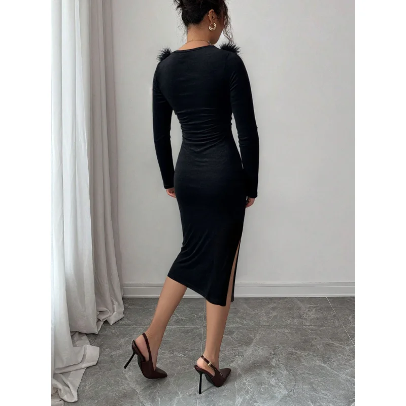 فستان YQ1-أسود بياقة قطيفة للنساء، فستان طويل بقصة ضيقة للخريف والشتاء مع فتحة جانبية، فستان سهرة أنيق