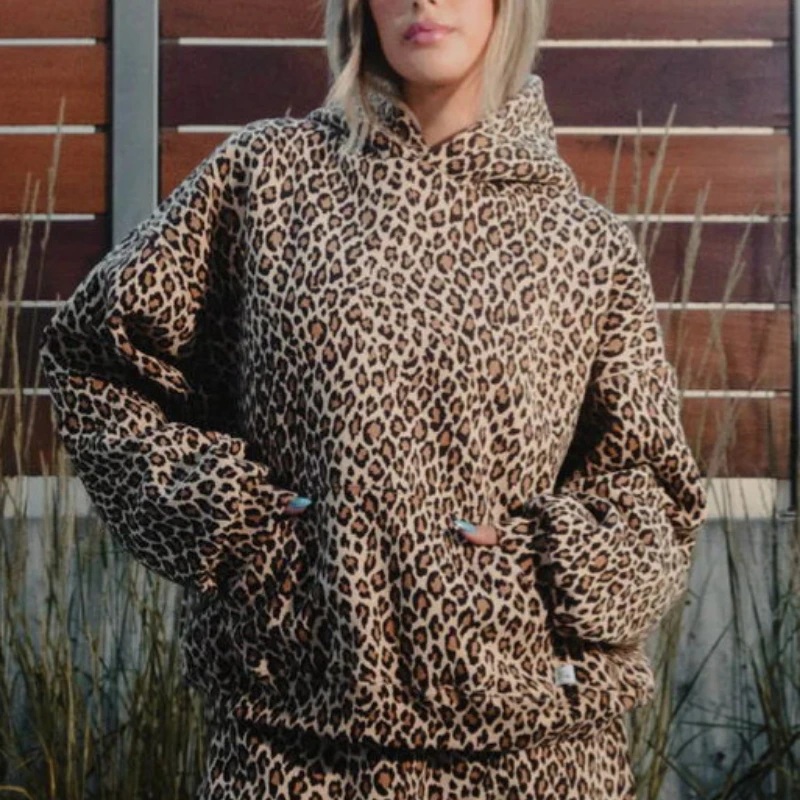 Cross-border leopard print hooded sweatshirt unisex street trend loose autumn and winter sweatshirt women