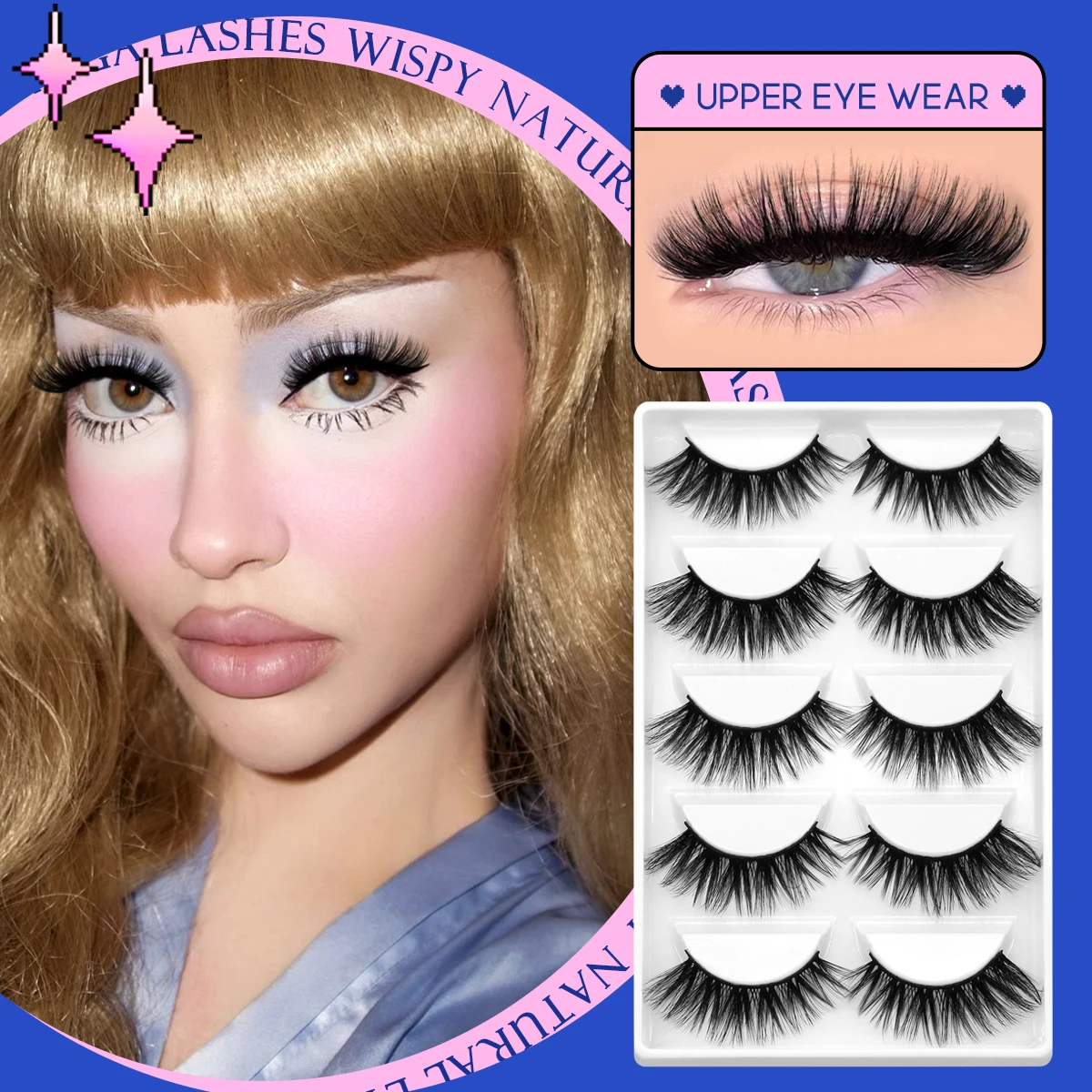 Lasvirey Fluffy Cat Eye Lashes 5D Fluffy Volume False Eyelashes Soft Wispy Natural Thick Full Strip Faux Mink Lashes Makeup