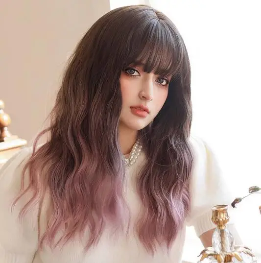 Clothing wig synthetic body wavy light purple wig dark hair roots high-density curly wig bangs wig