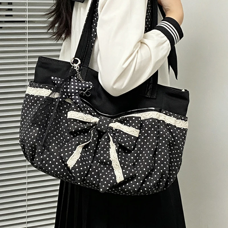 Vintage Polka Dot Bow-knot Shoulder Bag Simple Lace Decor Canvas Tote Bags Kawaii Handbag Soft Lightweight Pleated Cloud Bag
