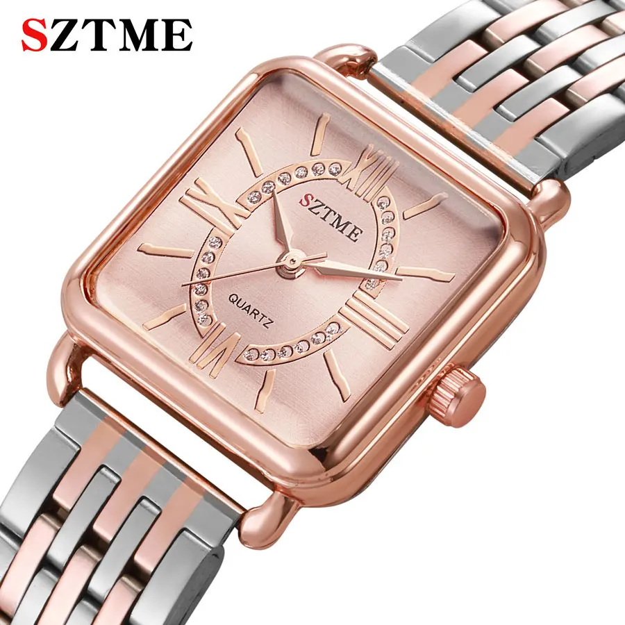 SZTME Brand Trendy Luxury Square Women's Watch Stainless Steel with Roman Dial Fashionable Women's Rose Gold Watch