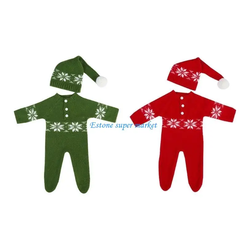 090B Newborn Photography Prop Crochet Christmas Red Hat and Jumpsuit Set for Boy Girl